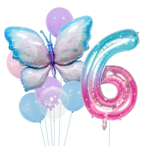 Detail of starry gradient 40 inch number 6 balloon with butterfly and latex balloons set