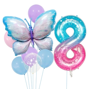 Close-up of iridescent butterfly and gradient number 8 balloon set for birthday decor