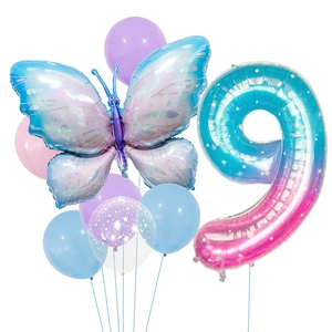 Detail of starry purple butterfly and number 9 balloon set for baby birthday party