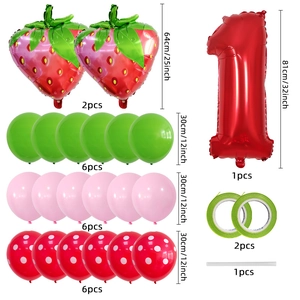 Kit de ballons premier anniversaire thème fraise avec chiffre un rouge et ballons