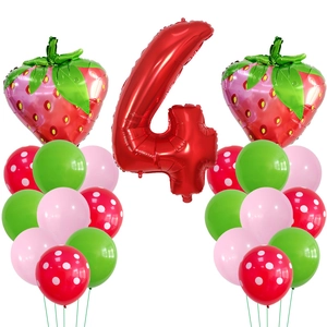 Kit ballons anniversaire fraise 4 ans avec chiffre rouge et ballons latex à pois