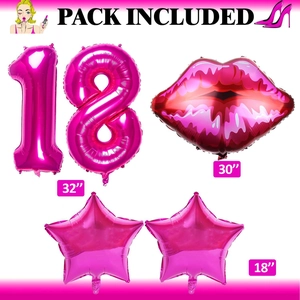 Set de globos rosa fucsia para cumpleaños 18 con labios y estrellas de papel de aluminio