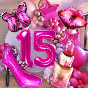 Set de globos de tacón rosa y lápiz labial para decoración de fiesta de 15 años niña