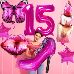 Detalle del kit de globos de fiesta rosa con tacones, lápiz labial y globos de estrellas
