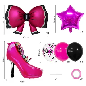 Detailed size chart for pink high heel and bow foil balloons with party accessories
