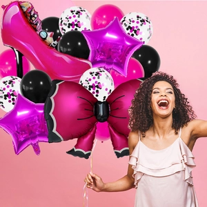 Pink high heel and bow foil balloons bouquet for girls princess themed party decoration