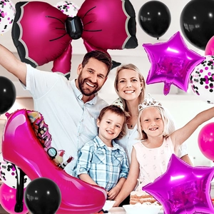 Detail of rose red high heel and bow foil balloons with confetti latex balloon set