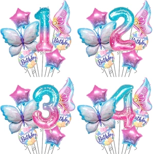 Gradient Butterfly Birthday Decoration Aluminum Foil Gradient Number Stars Round Balloons Kids Baby Party Decor Supplies