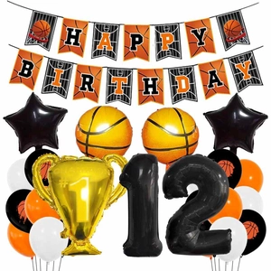 Détails du kit d'anniversaire basket avec ballon trophée champion et bannière de fête