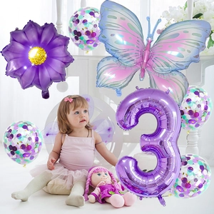 Kit ballons papillon et marguerite avec chiffre 3 pour fête d'anniversaire de fille