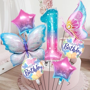 7pcs butterfly star gradient number 1 foil balloon set for first birthday party decor