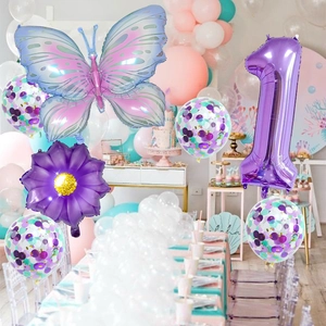 Kit de ballons marguerite papillon rose violet avec grand chiffre 1 pour fête enfant