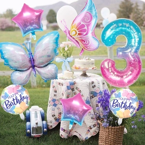 Purple butterfly balloon set with gradient star and number 3 for birthday party decor