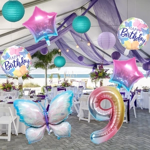 Gradient ice blue butterfly balloon set with a large number 9 for birthday decorations