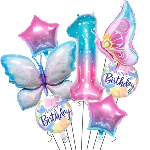 Detail of butterfly theme 1st birthday balloon set with pink and blue gradient foils