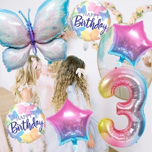 Ice blue butterfly balloon set with gradient number 3 and stars for birthday party decoration