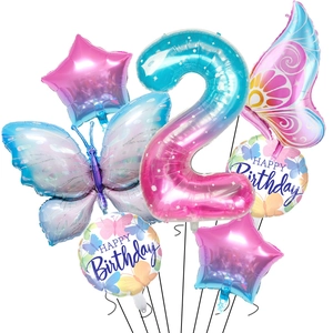 Close-up of purple butterfly balloon set with gradient number 2 and happy birthday foil stars