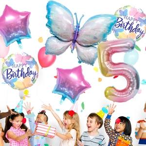 Rainbow butterfly balloon set with star and number 5 balloons for 5th birthday party decor