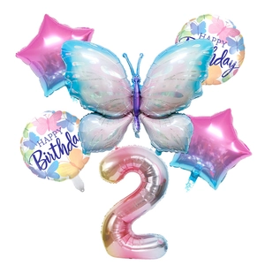 6-piece blue butterfly and gradient number 2 foil balloon set for 2nd birthday parties