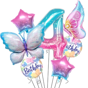 Macro detail of gradient butterfly and star balloons for 4th birthday party decoration