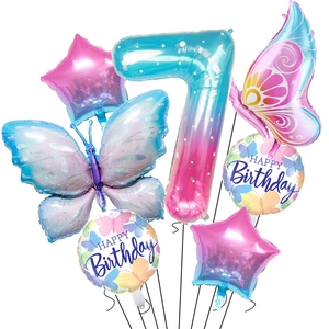 Detailed 7th birthday balloon set with purple butterfly and gradient number 7 foil balloons