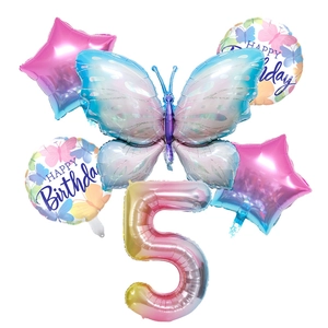 Detailed 5-piece ice blue butterfly balloon set with rainbow gradient number 5