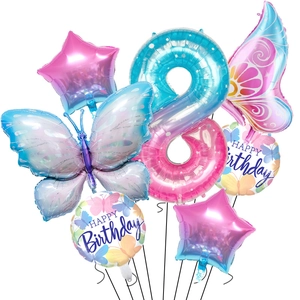 Detail of 8th birthday balloon set with gradient number 8, butterflies and stars