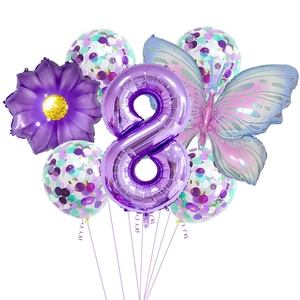 Détails du ballon chiffre 8 violet avec ballons papillon et fleur pour déco de fête