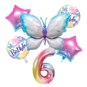 Blue butterfly balloon set with a large gradient number 6 and star foil balloons
