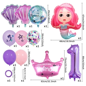 Kit ballons 1er anniversaire thème sirène avec couronne et ballon chiffre 1 rose
