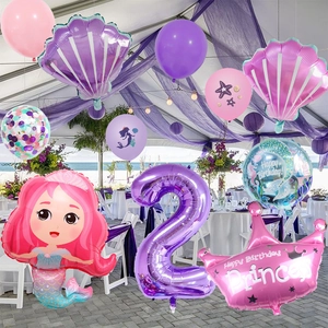 Kit ballons anniversaire sirène avec chiffre 2 violet, coquillages et couronne de princesse