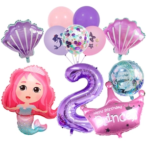 Kit de ballons sirène 2ème anniversaire avec chiffre 2, coquillages et couronne princesse