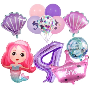 Kit ballons 4 ans thème sirène avec coquillages, couronne et chiffre 4 violet en alu