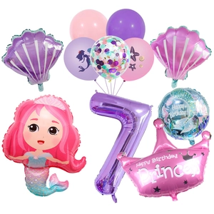 Kit ballons anniversaire sirène avec chiffre 7, couronne princesse et coquillages