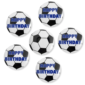 Détail du lot de 6 badges de football en fer-blanc avec texte Happy Birthday