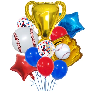 Baseball champion party set with golden trophy balloon and sport themed decorations