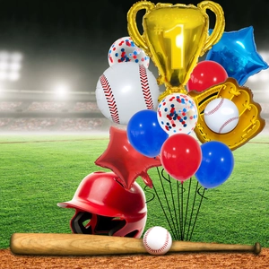 Baseball party balloon set with champion trophy and themed foil balloons on field