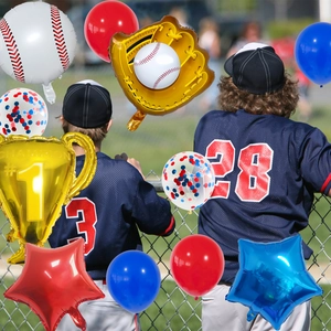 Detail view of baseball party balloon set with champion trophy and foil glove shapes