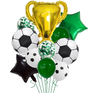 Detailed set of champion trophy and football foil balloons with green confetti latex balloons