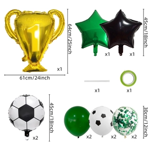 Detailed view of soccer theme balloon set with champion trophy and various sports balloons