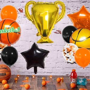 Detail of basketball party set featuring #1 Champion trophy and sports star balloons