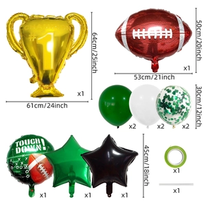 Detail set of football party balloons including trophy and touch down foil designs