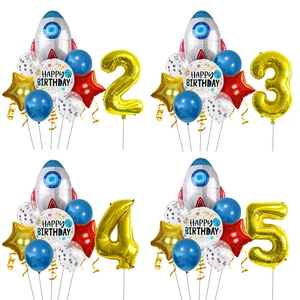 Space Theme Birthday Party Decor Set Aluminum Foil Rocket Astronaut Balloons With Gold Number For Kids Boys Party Supply
