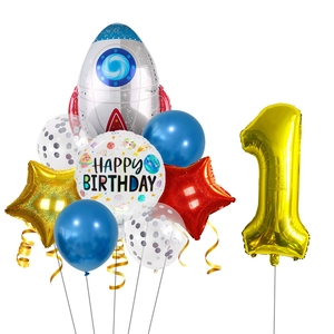 Space theme 1st birthday decor with rocket balloon and gold number one balloon set