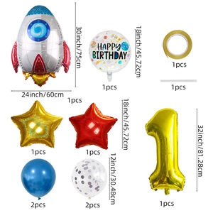 Space theme 1st birthday party kit with astronaut rocket and number one foil balloons