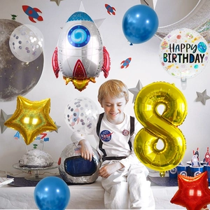 Space theme birthday decoration set with rocket balloon and number 8 for kids party