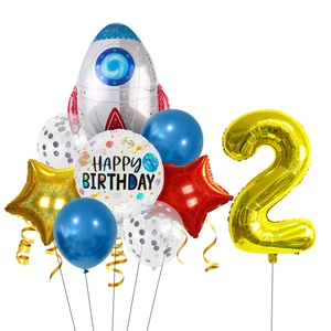 Space-themed child birthday set with rocket, stars and gold number 2 foil balloons