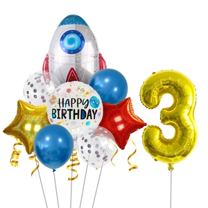 Detailed astronaut balloon set with rocket and golden number three for party decor