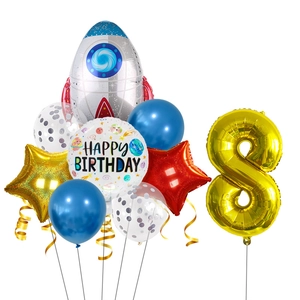 Detail of 9-piece space rocket balloon set featuring a large number 8 and shiny stars
