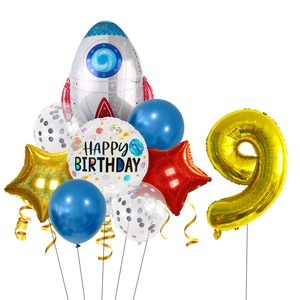 Space themed birthday kit featuring rocket balloon and gold number 9 foil balloon decor
